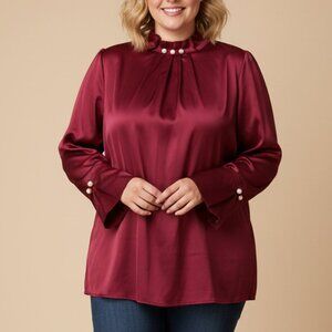 Satiny Blouse Pearl Mock Neck Long Sleeves Size Large